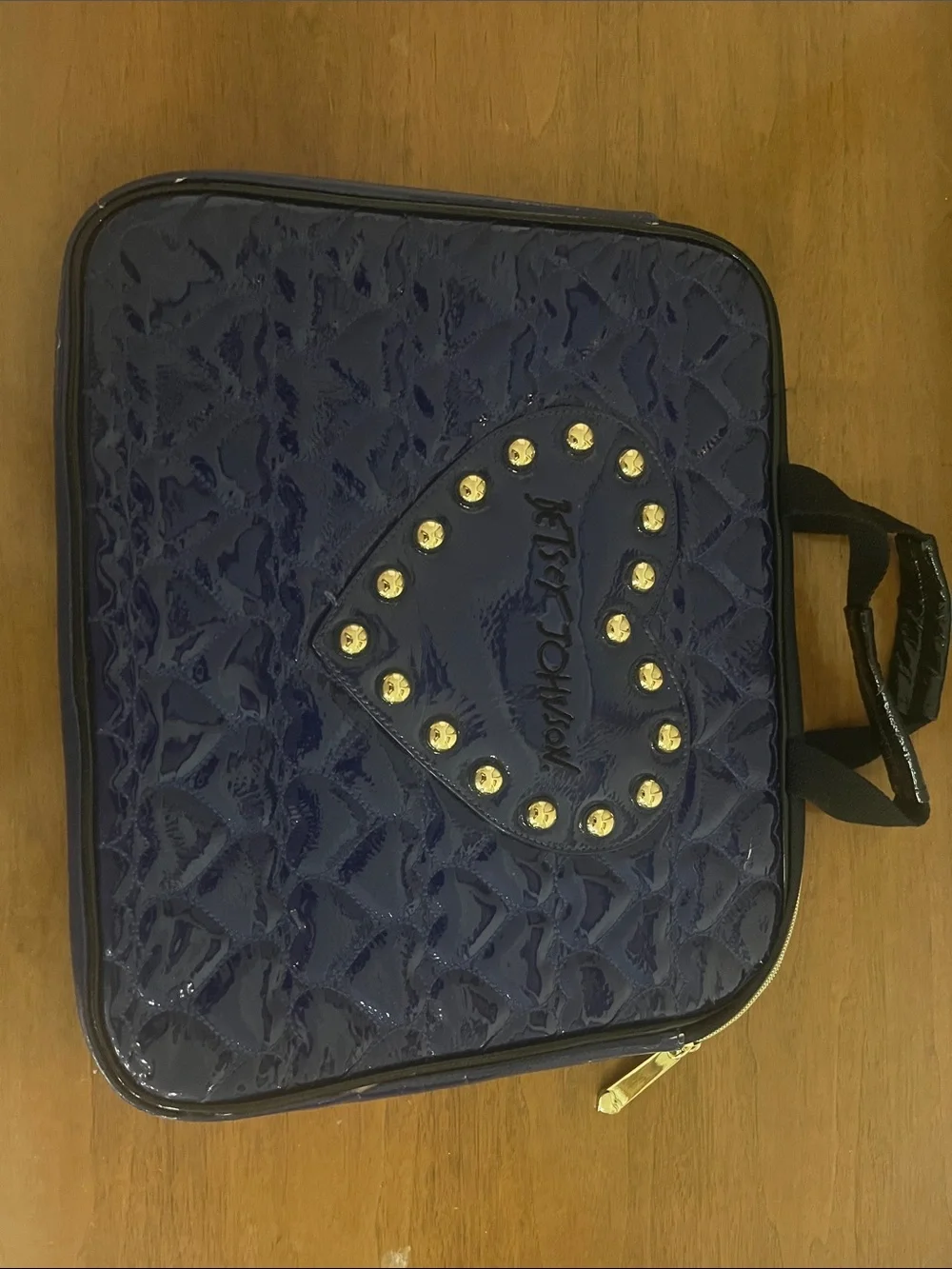 Betsey Johnson Navy Patent Quilted Laptop Bag with Gold Studs